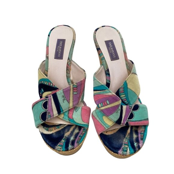 Emillio Pucci Classic Signature Terry cloth Logo Wedge Criss Cross raffia US 6 7 - Picture 1 of 9